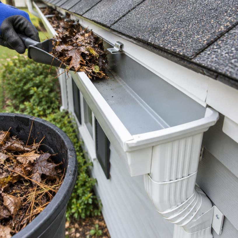 Leaves being removed from a residential gutter during cleaning
