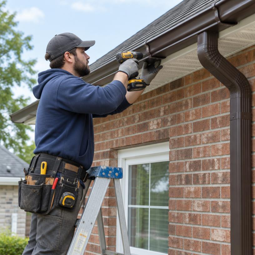 Technician fastening a gutter along a brick home roofline