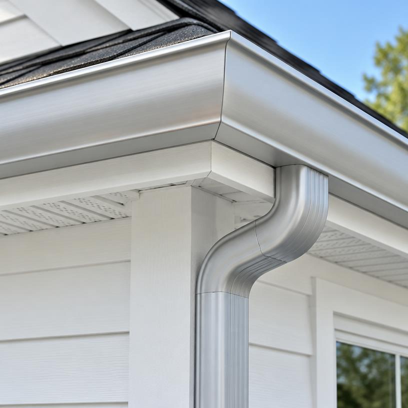 Close-up of a seamless aluminum gutter corner and downspout on a home