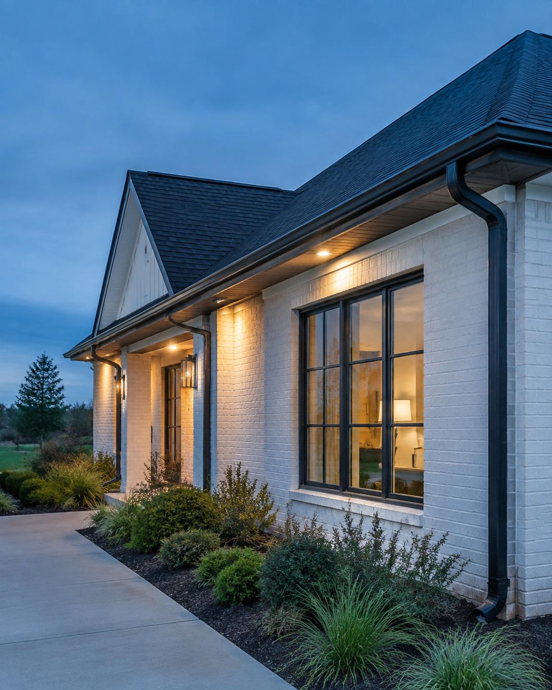 Residential gutter and downspout system along a brick home at dusk
